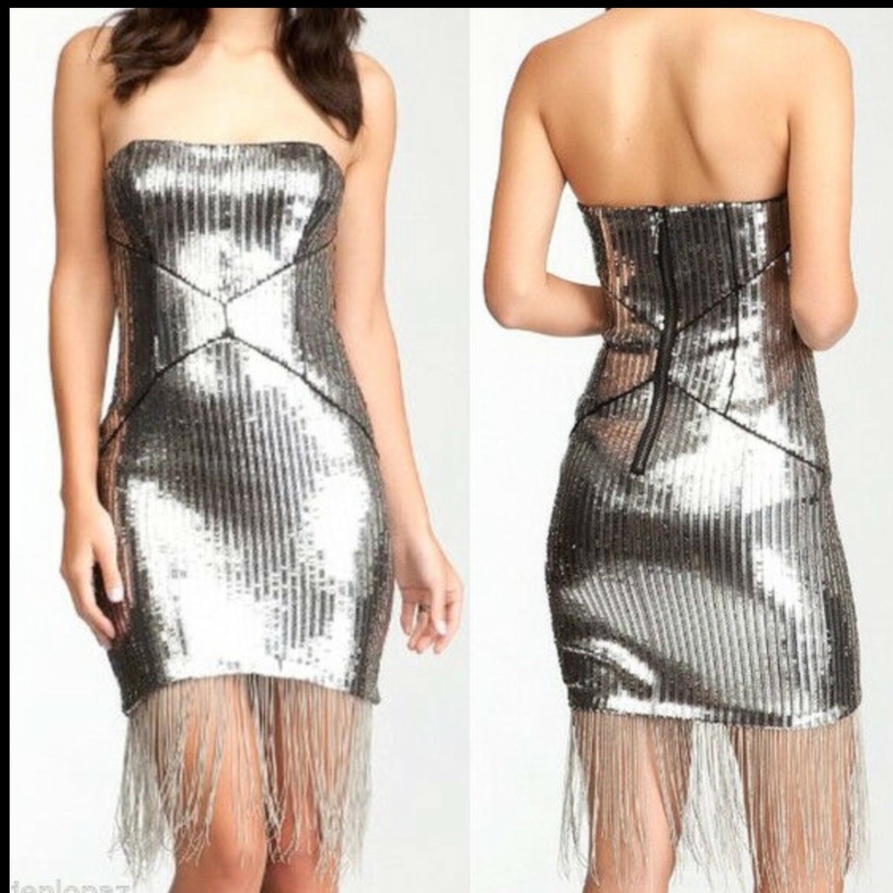 Strapless silver sequin dress